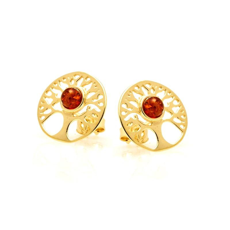 Orecchini albero della vita in argento dorato 925 con ambra cognac — per custodire la tua forza