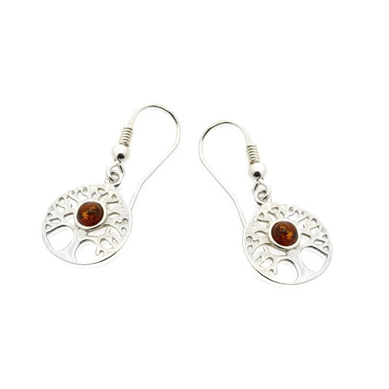 Orecchini albero della vita con ambra naturale cognac, in argento 925 rodiato