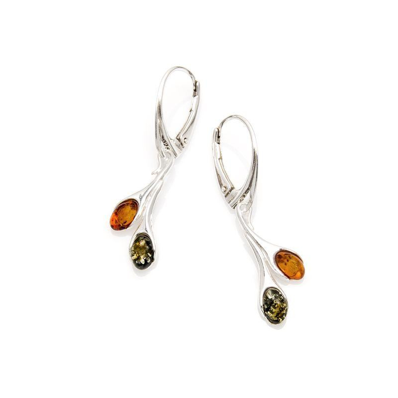 Orecchini pendenti con ambra multicolore, in argento 925 rodiato