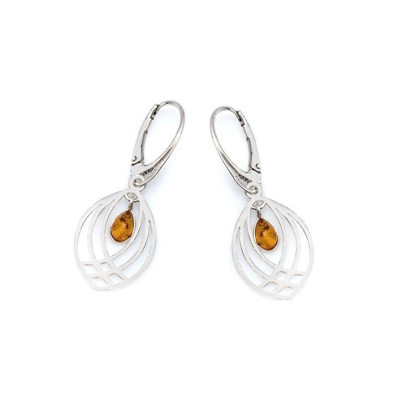 Orecchini pendenti in argento rodiato con goccia di ambra cognac — per ricordare la tua luce
