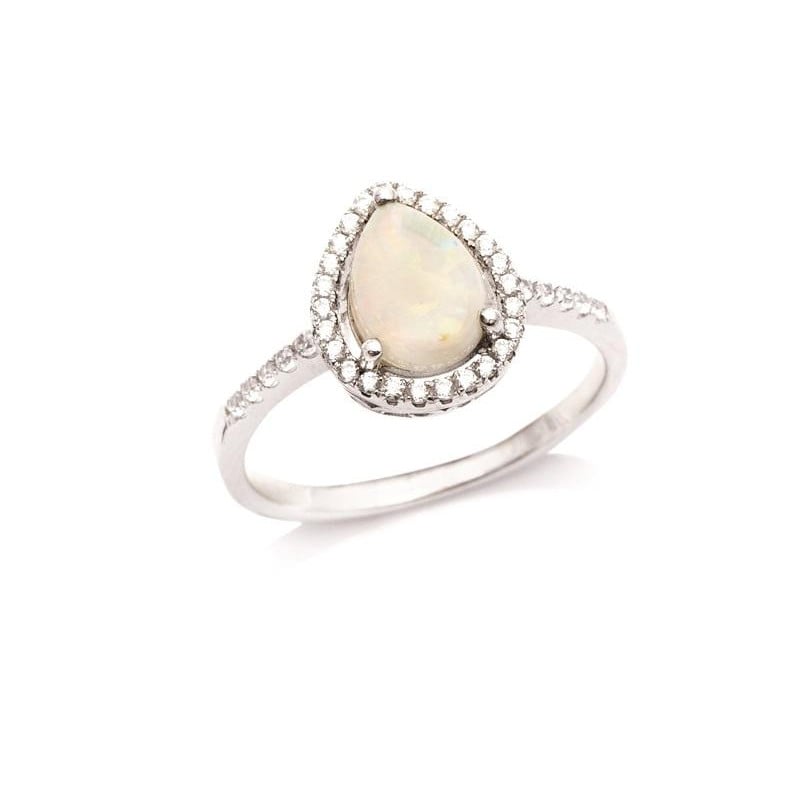 Anello in argento rodiato con opale a goccia e zirconio — per custodire la tua luce