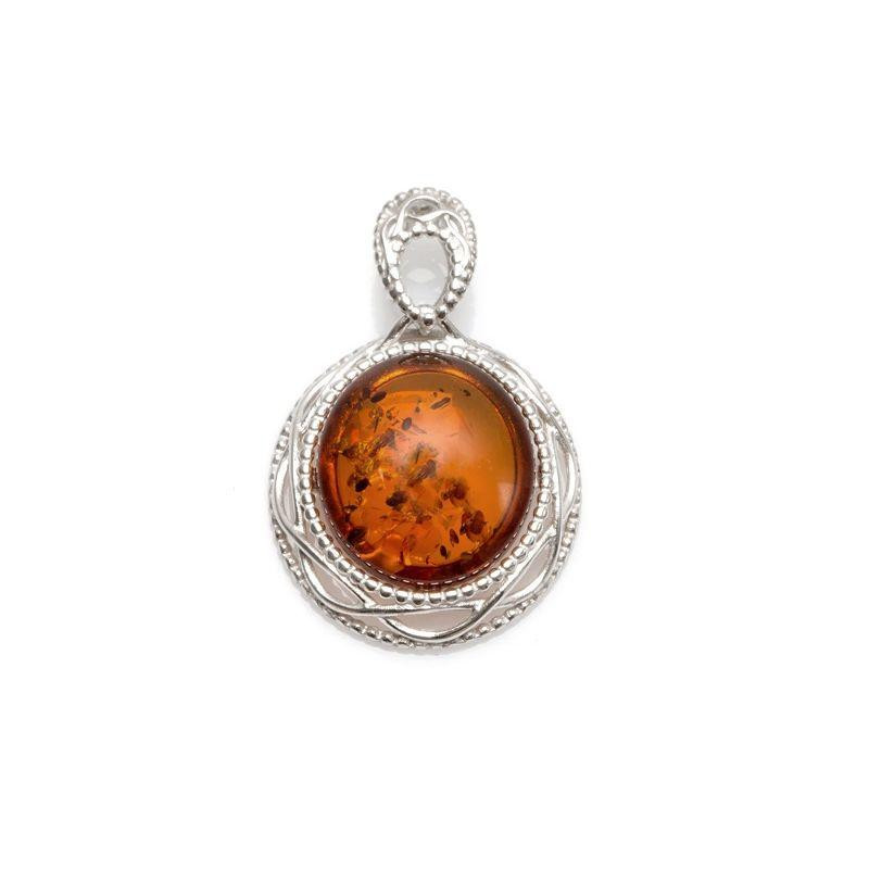 Ciondolo in argento rodiato con ambra cognac ovale — per custodire la tua luce interiore