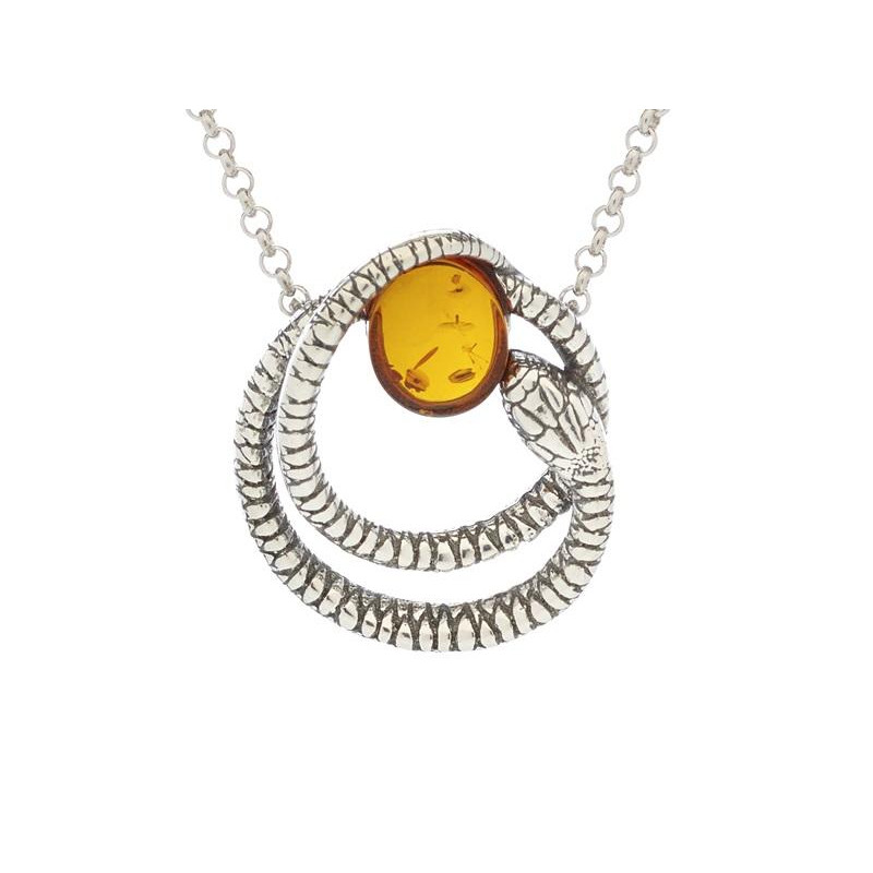 Collana a serpente in argento rodiato e ambra cognac — per illuminare il tuo sguardo