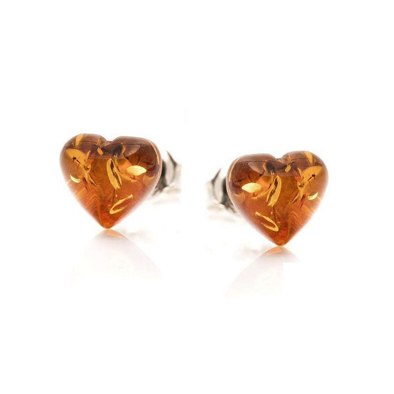 Orecchini a cuore in argento 925 con ambra naturale cognac — per custodire l'amore