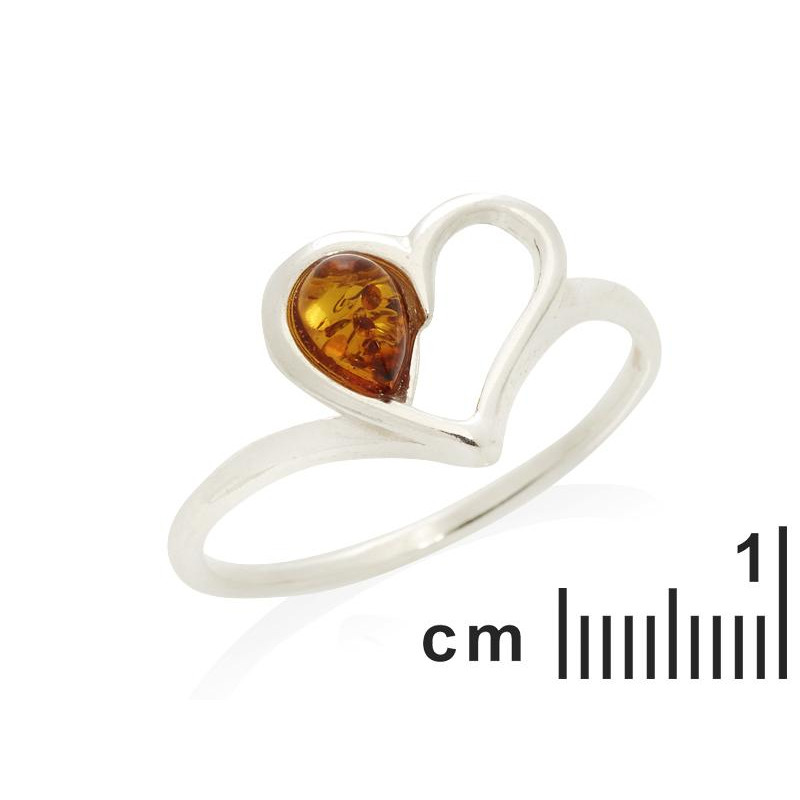 Anello cuore in argento rodiato con goccia di ambra cognac — per custodire l'amore eterno — foto 1