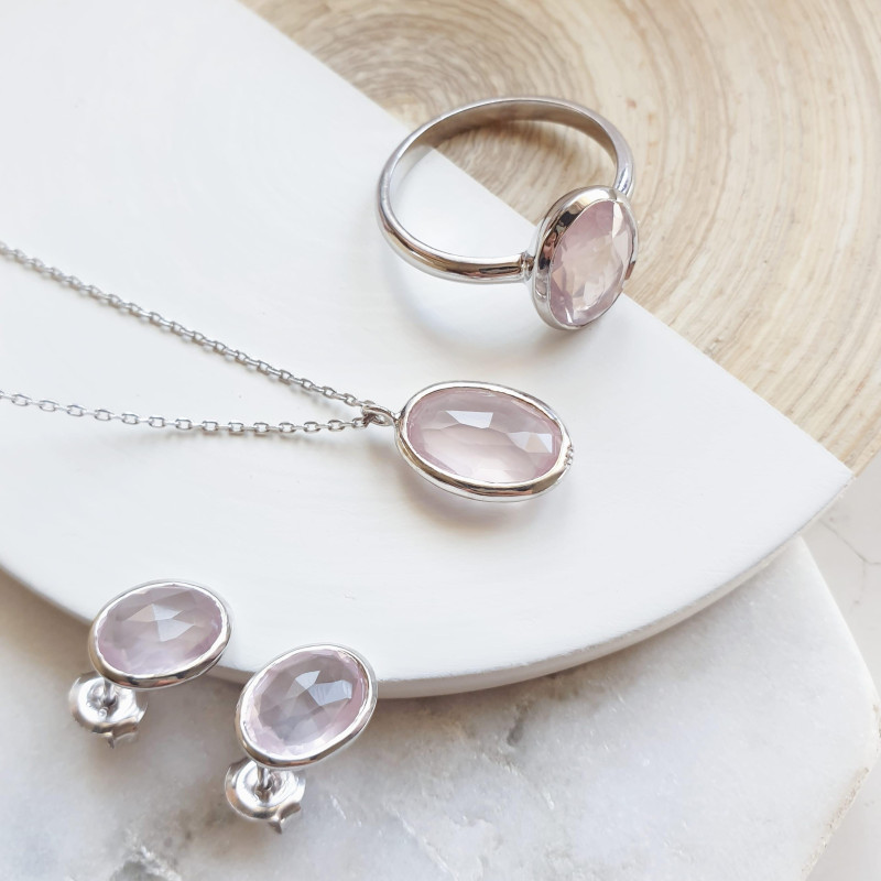 Orecchini in argento 925 rodiato con quarzo rosa naturale ovale — per custodire il tuo cuore — foto 2