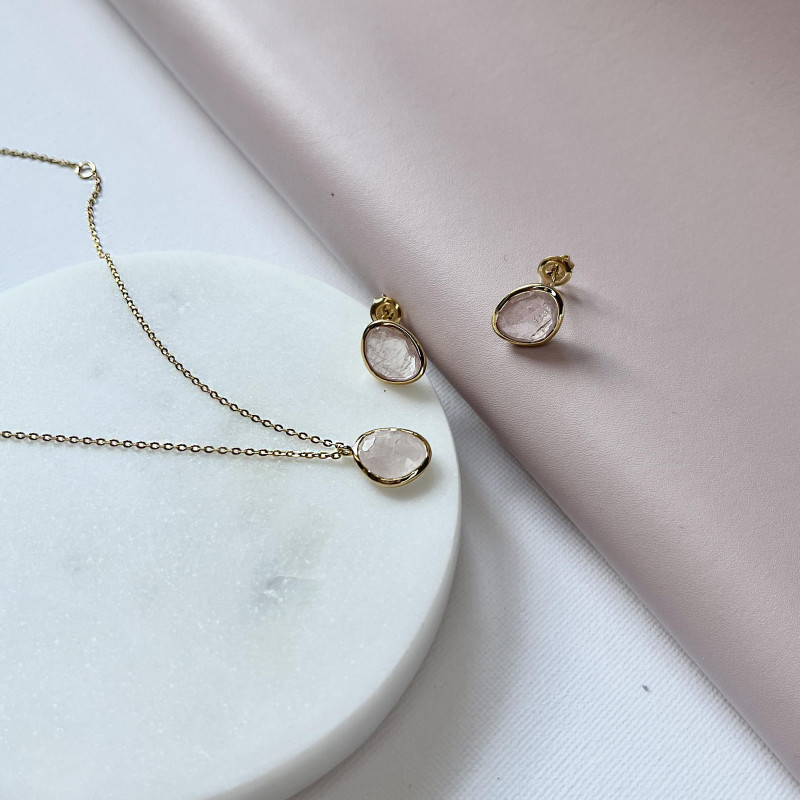 Orecchini in argento 925 dorato con quarzo rosa naturale — per ricordare il tuo cuore — foto 2