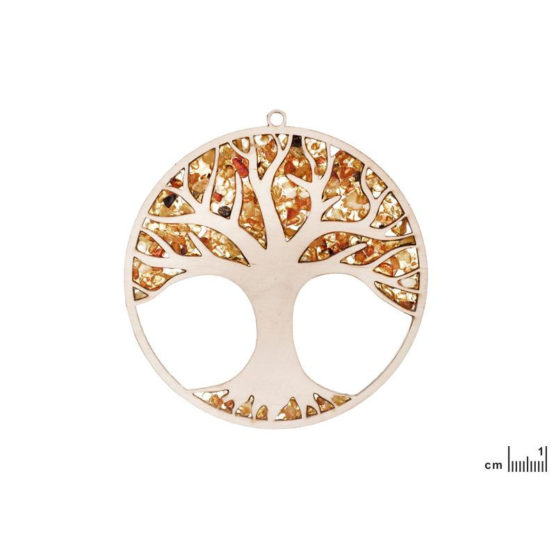 Piatto decorativo in legno di betulla con incisione albero della vita in ambra, 11 cm — per un angolo di casa che richia — foto 1