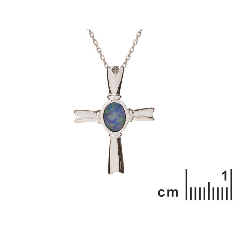 Ciondolo croce in argento rodiato con opale blu — per custodire la tua luce interiore — foto 1