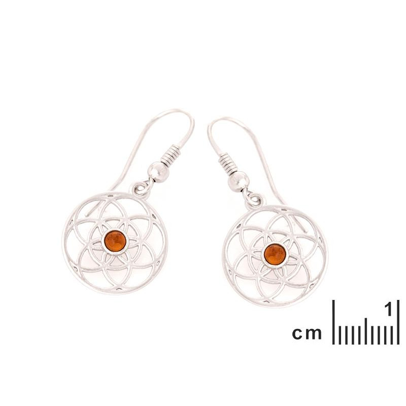 Orecchini Fiore della Vita in argento e ambra cognac — per illuminare la tua essenza — foto 1