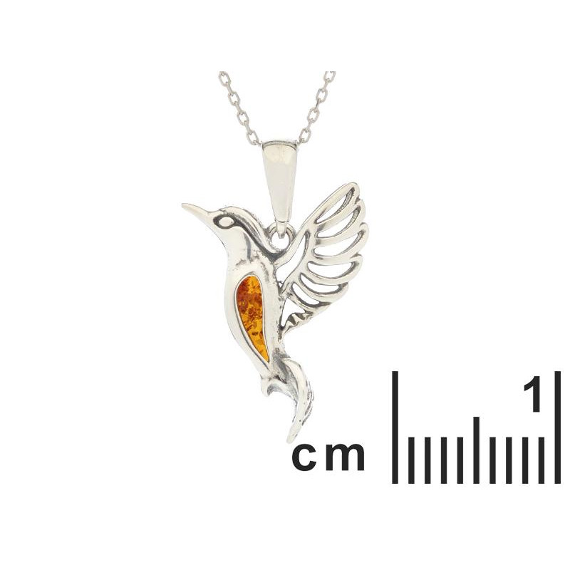 Ciondolo colibrì in argento rodiato con ambra cognac — per custodire la leggerezza — foto 1