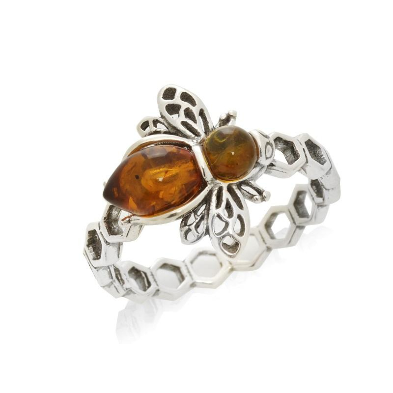 Anello ape con ambra cognac naturale, in argento 925 invecchiato