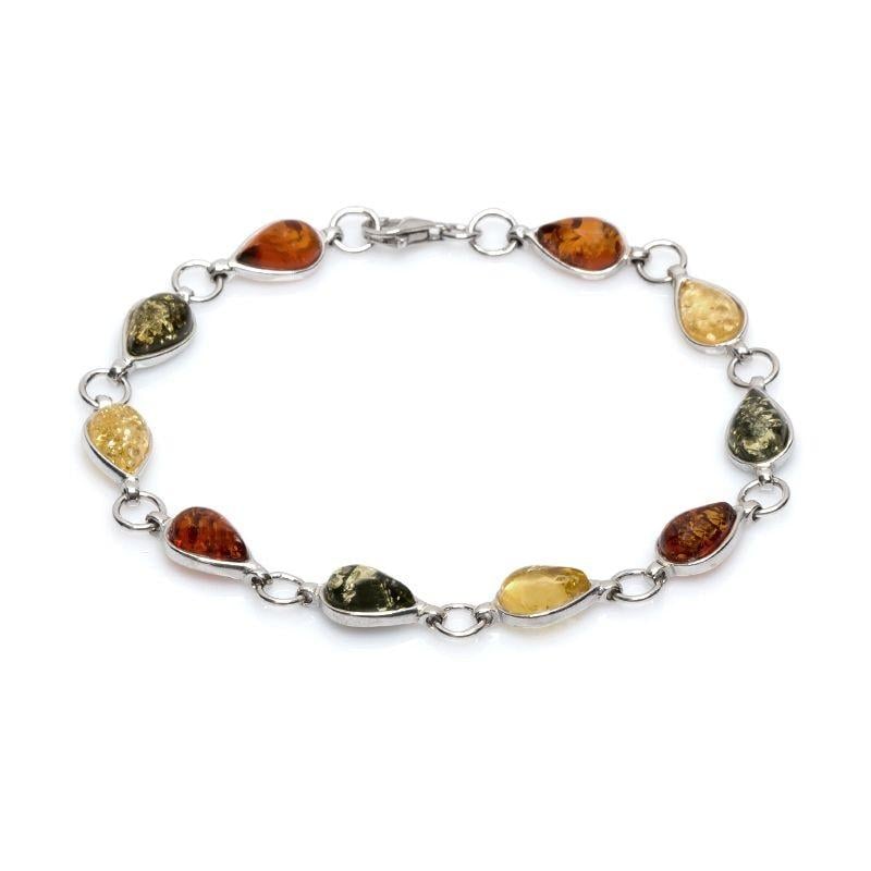 Bracciale con goccia di ambra multicolore, in argento 925 rodiato, lunghezza 18 cm