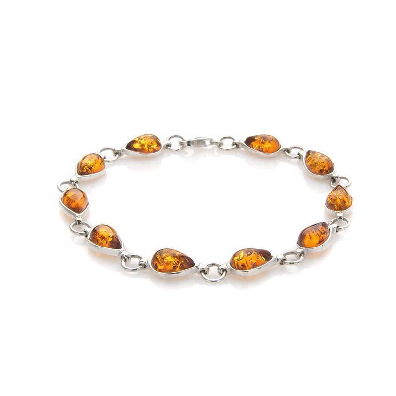 Bracciale con goccia di ambra cognac, in argento 925 rodiato, lunghezza 18 cm
