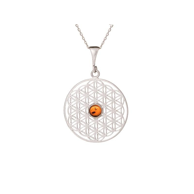 Ciondolo Fiore della Vita in argento e ambra cognac — per custodire l'armonia interiore