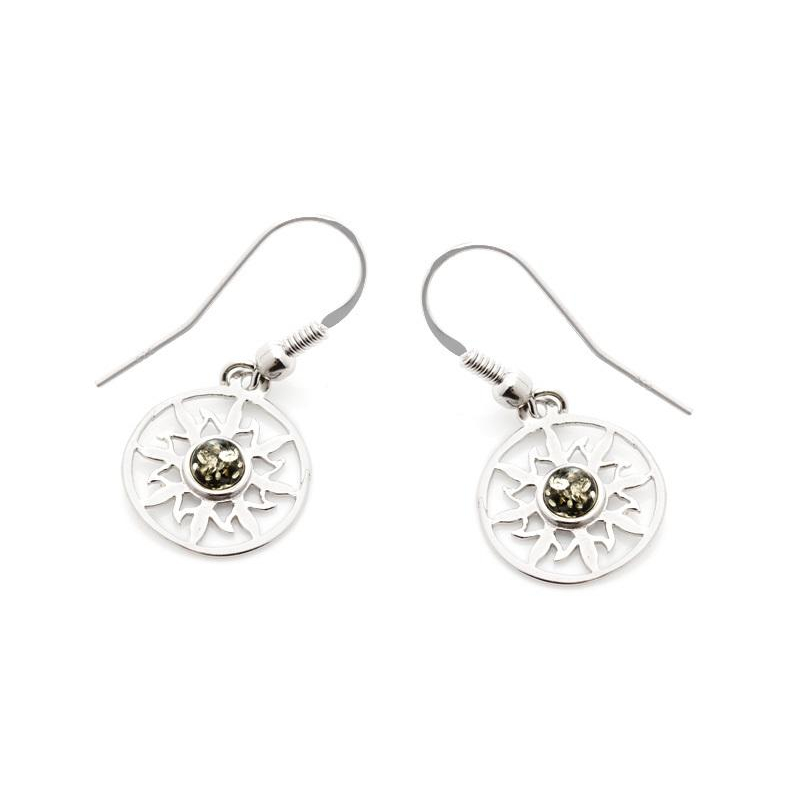 Orecchini sole in argento rodiato con ambra verde — per custodire la tua luce