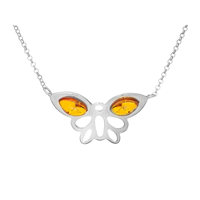 Collana farfalla in argento 925 con ambra naturale di cognac — per custodire la leggerezza dei tuoi sogni