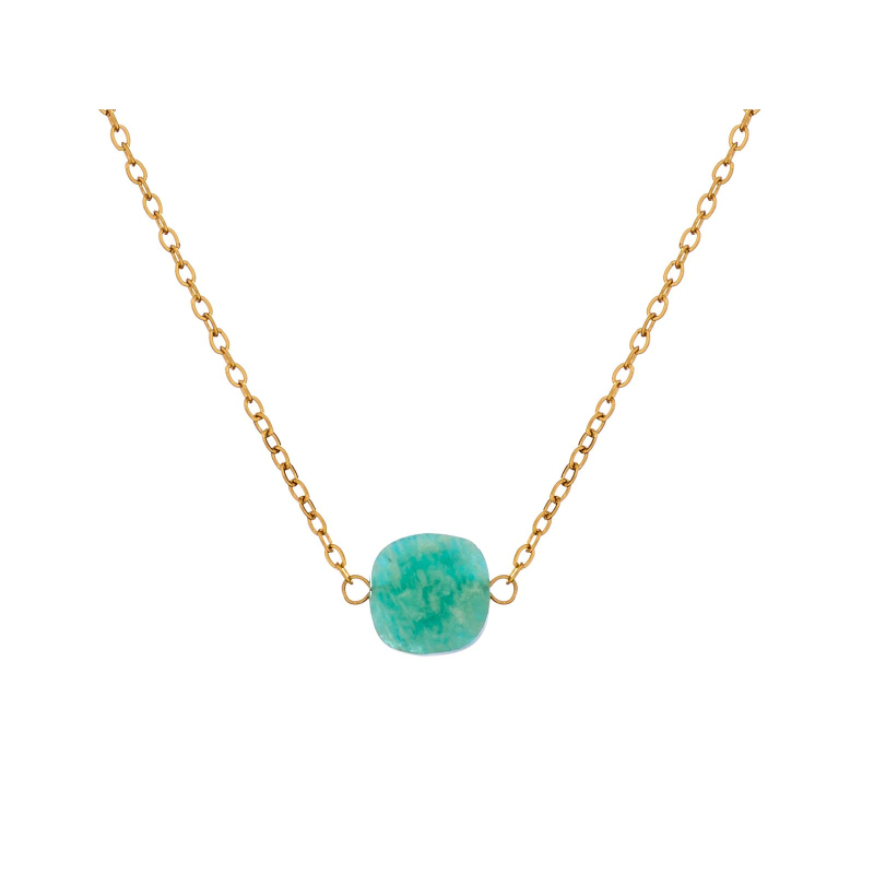 Collana di amazzonite blu quadrata in acciaio dorato — per custodire la tua serenità interiore