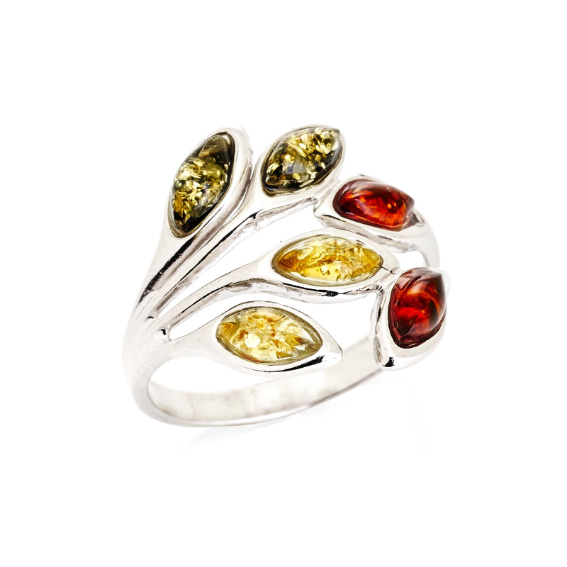 Anello di ambra baltica multicolore su argento rodiato 925 — per custodire la tua luce