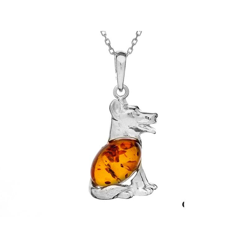 Ciondolo cane in argento rodiato con ambra cognac — per custodire il legame