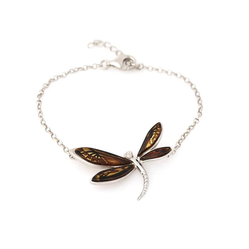 Bracciale libellula in argento rodiato con ambra multicolore — per celebrare leggerezza