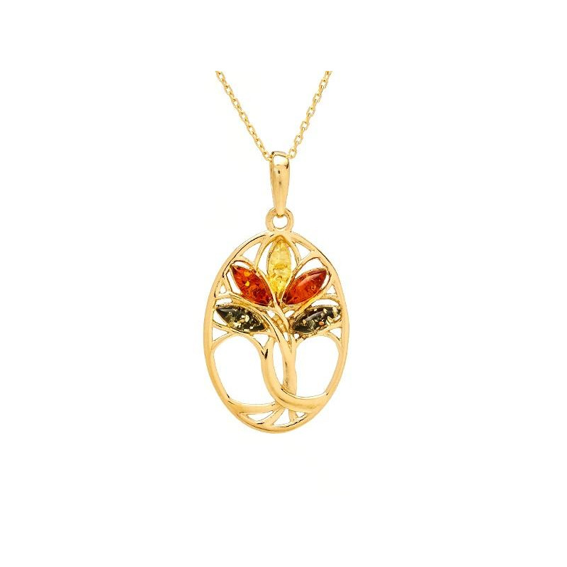 Ciondolo albero della vita con ambra multicolore, argento dorato 925, altezza 2,5+1 cm