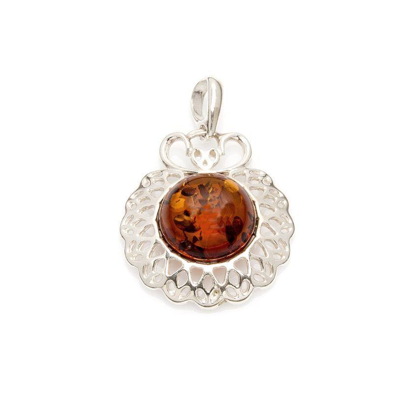 Ciondolo in argento rodiato con ambra tonda cognac — per custodire la tua luce interiore