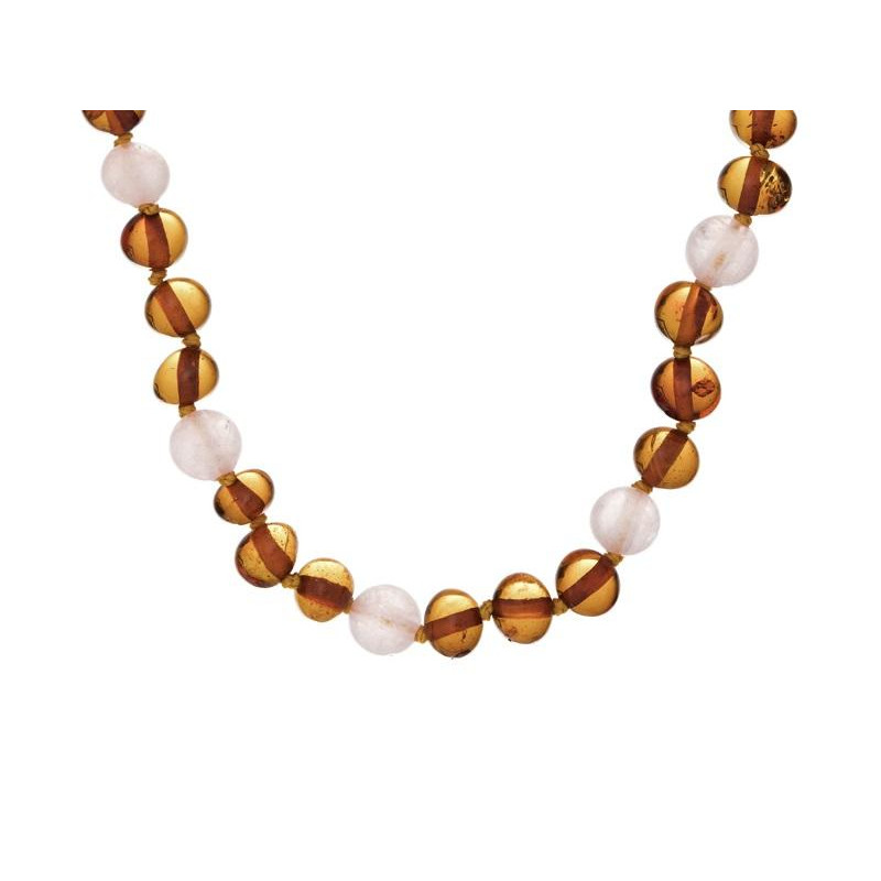 Collana per bambini con ambra e quarzo rosa, chiusura a clip, lunghezza 32 - 33 cm