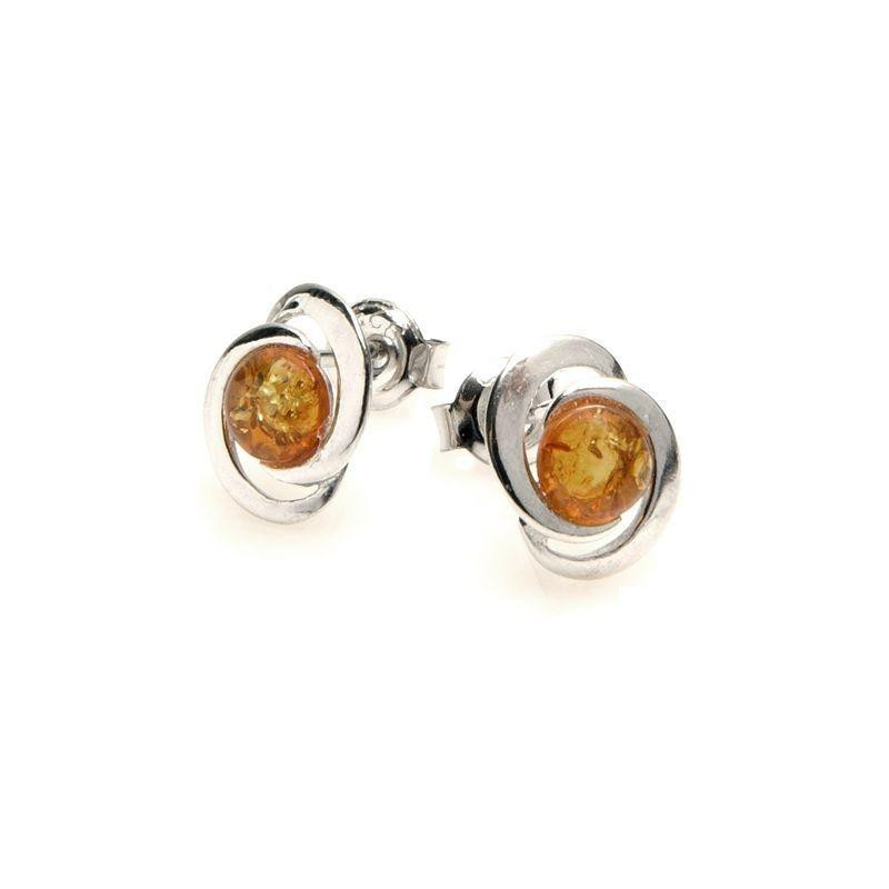 Orecchini a bottone con ambra cognac rotonda del Mar Baltico, argento 925 rodiato