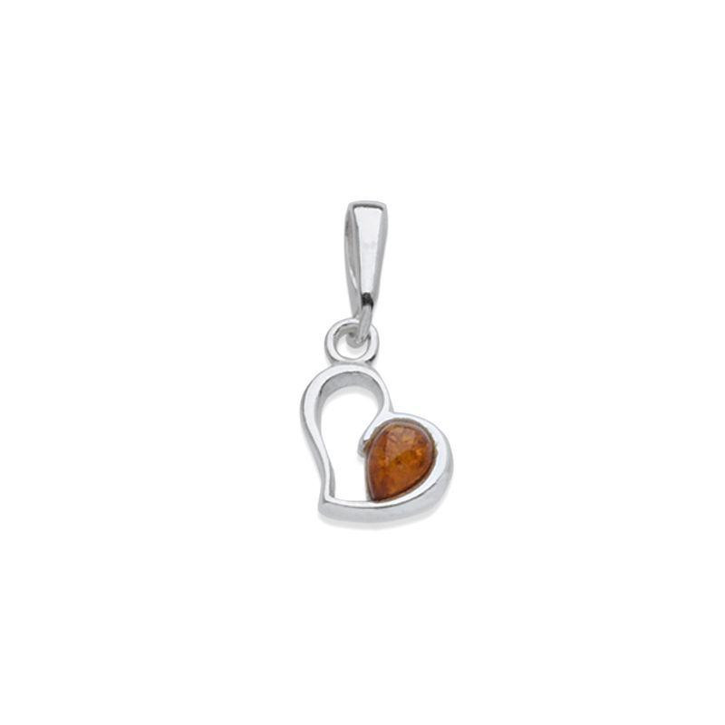 Ciondolo cuore con goccia d'ambra cognac, in argento 925 rodiato, altezza 1+1 cm