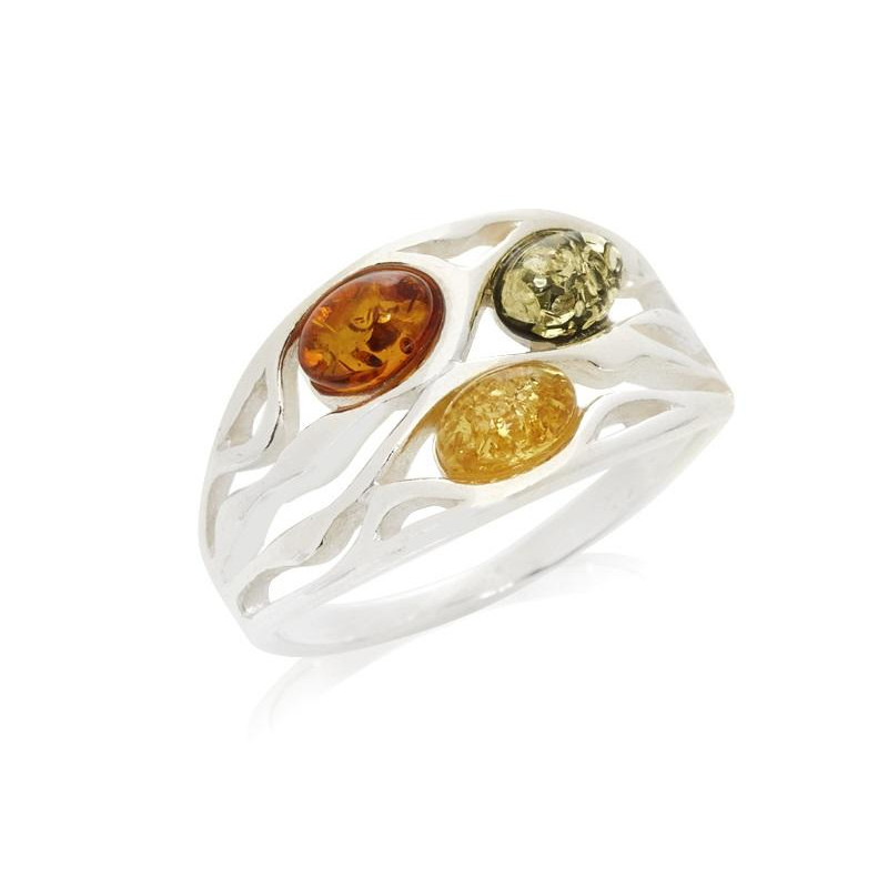 Anello con ambra cognac naturale del Mar Baltico ovale, realizzato in argento 925 rodiato