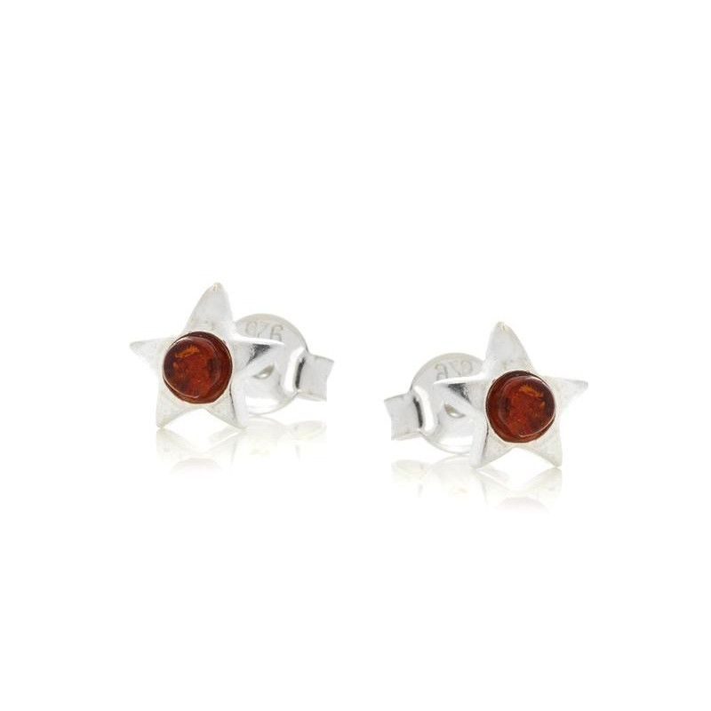 Orecchini stella in argento 925 rodiato con ambra cognac — per custodire la tua luce