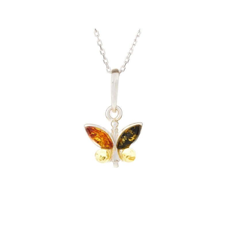 Pendente farfalla con ambra multicolore, in argento 925 rodiato, altezza 1+1 cm
