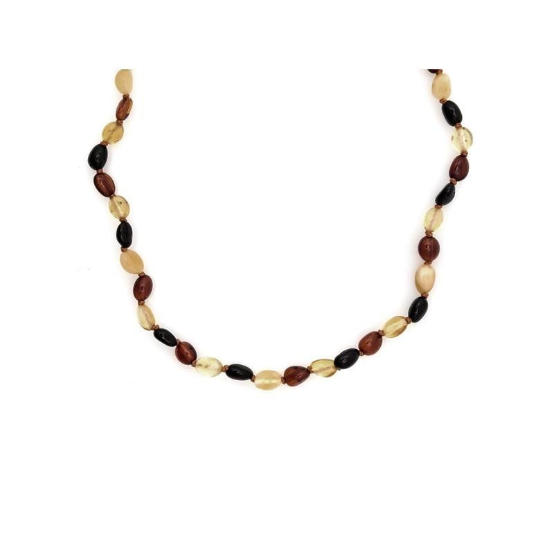 Collana per bambini con ambra multicolore oliva, chiusura a clip, lunghezza 32 - 33 cm
