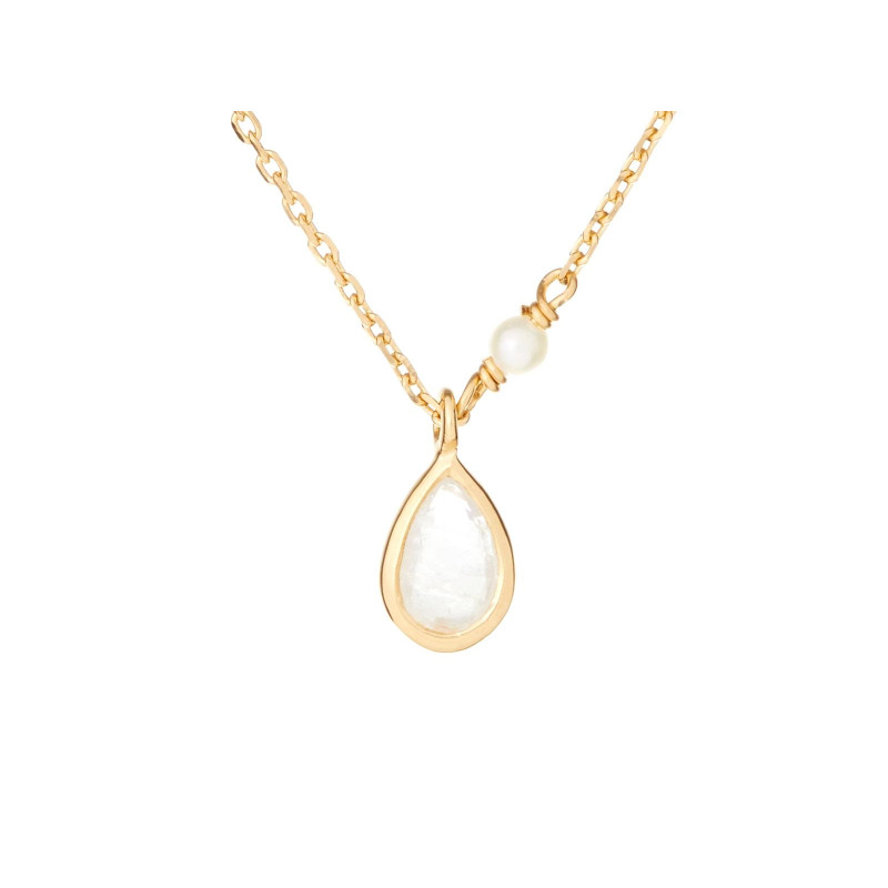 Collana con pietra di luna e perle, in argento dorato 925, lunghezza 40+5 cm