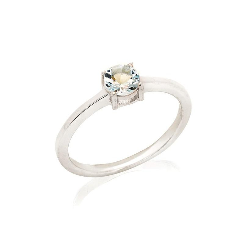 Anello tondo con acquamarina tonda blu naturale, in argento 925 rodiato