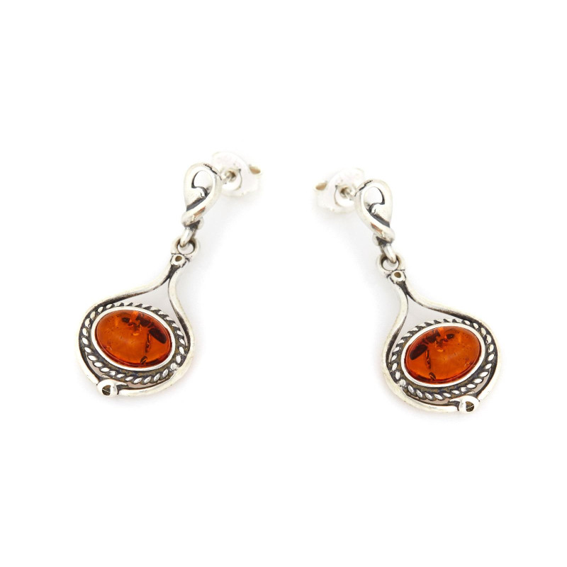Orecchini pendenti con ambra naturale cognac, in argento 925 invecchiato