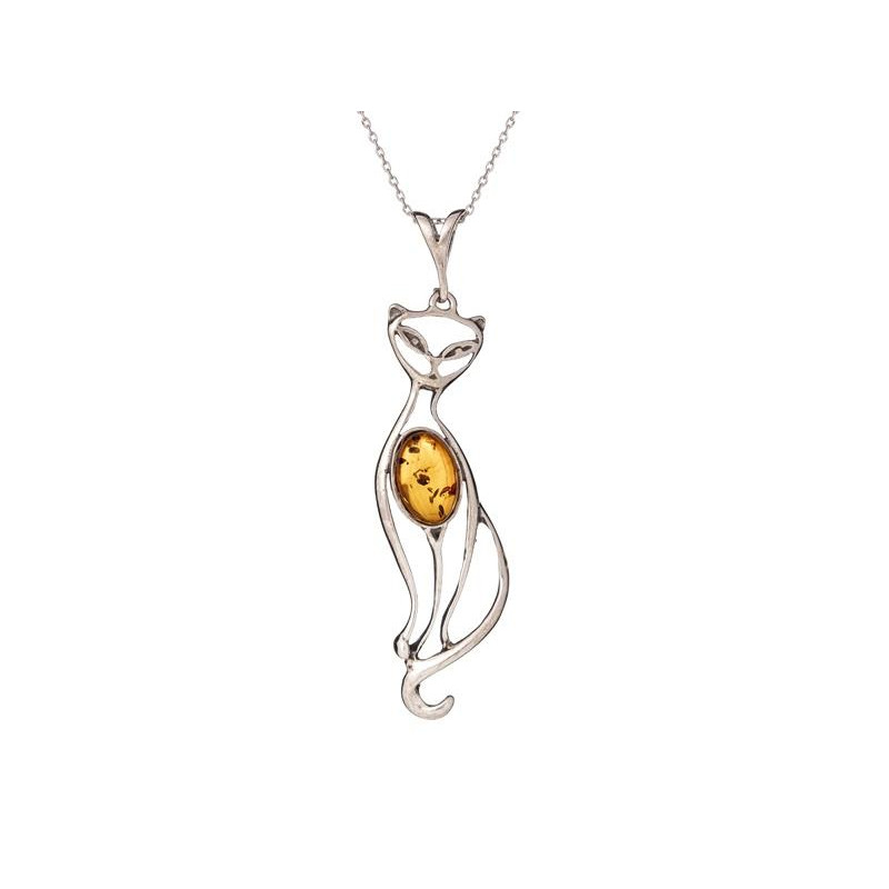Ciondolo gatto con ambra cognac ovale, in argento 925 rodiato, altezza 5,5+1 cm