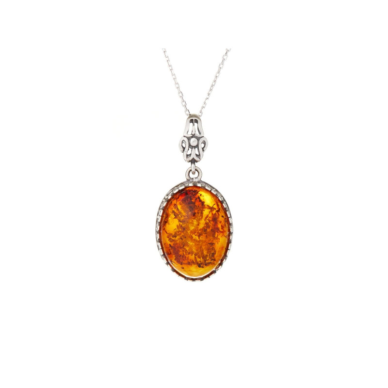 Pendente con ambra cognac ovale, in argento 925 invecchiato, altezza 2+1 cm