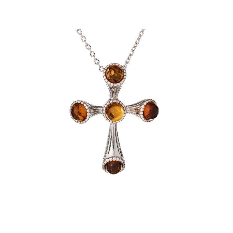 Ciondolo croce in argento 925 rodiato con ambra cognac — per custodire la tua luce