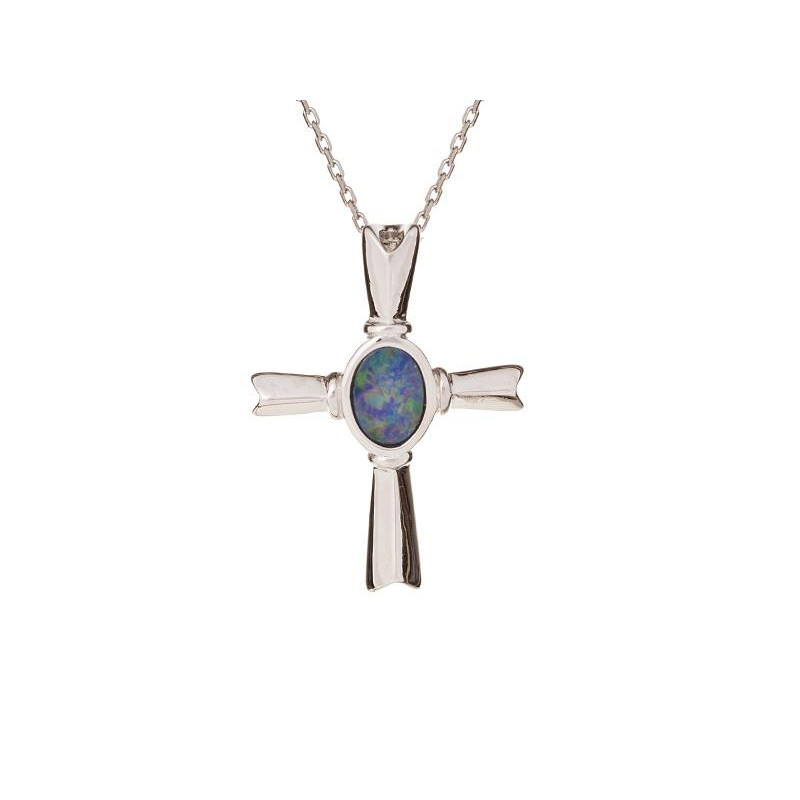 Ciondolo croce in argento rodiato con opale blu — per custodire la tua luce interiore