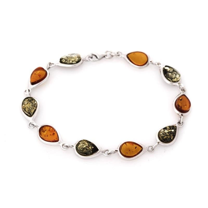 Bracciale con goccia di ambra cognac, in argento 925 rodiato, lunghezza 19 cm