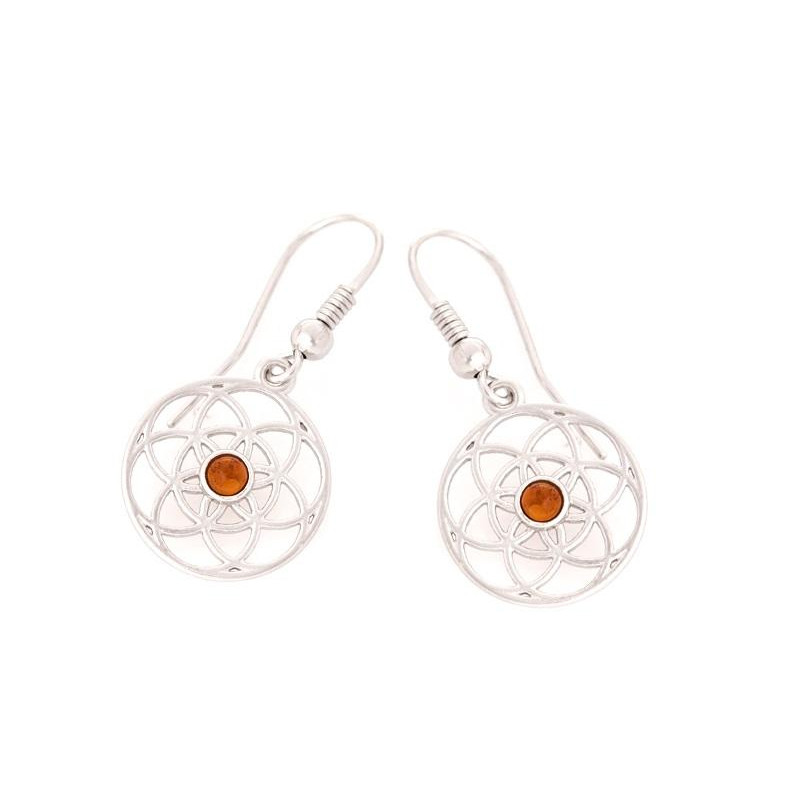 Orecchini Fiore della Vita in argento e ambra cognac — per illuminare la tua essenza