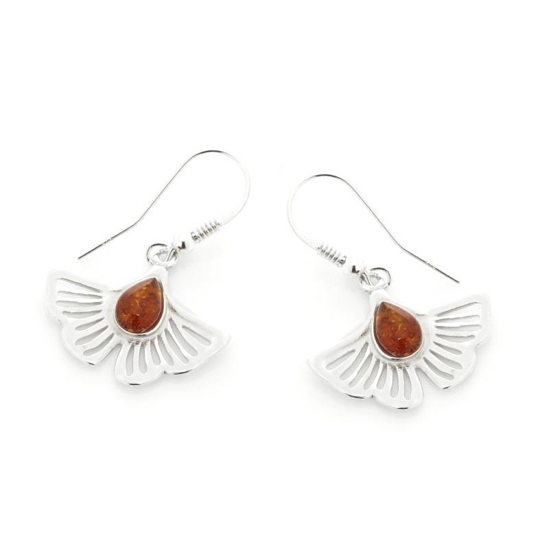 Orecchini Gingko con ambra cognac naturale, in argento 925 rodiato