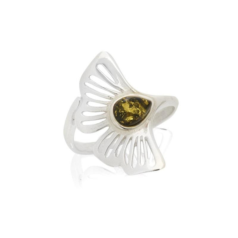 Anello Gingko — Ambra verde naturale — Per conservare i ricordi