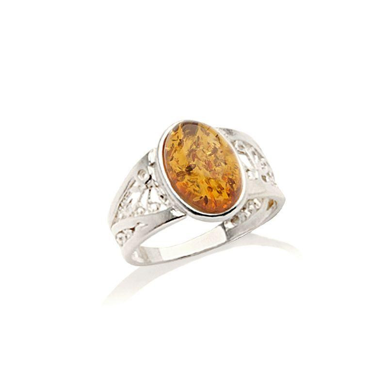 Anello con ambra cognac naturale del Mar Baltico ovale, realizzato in argento 925 rodiato