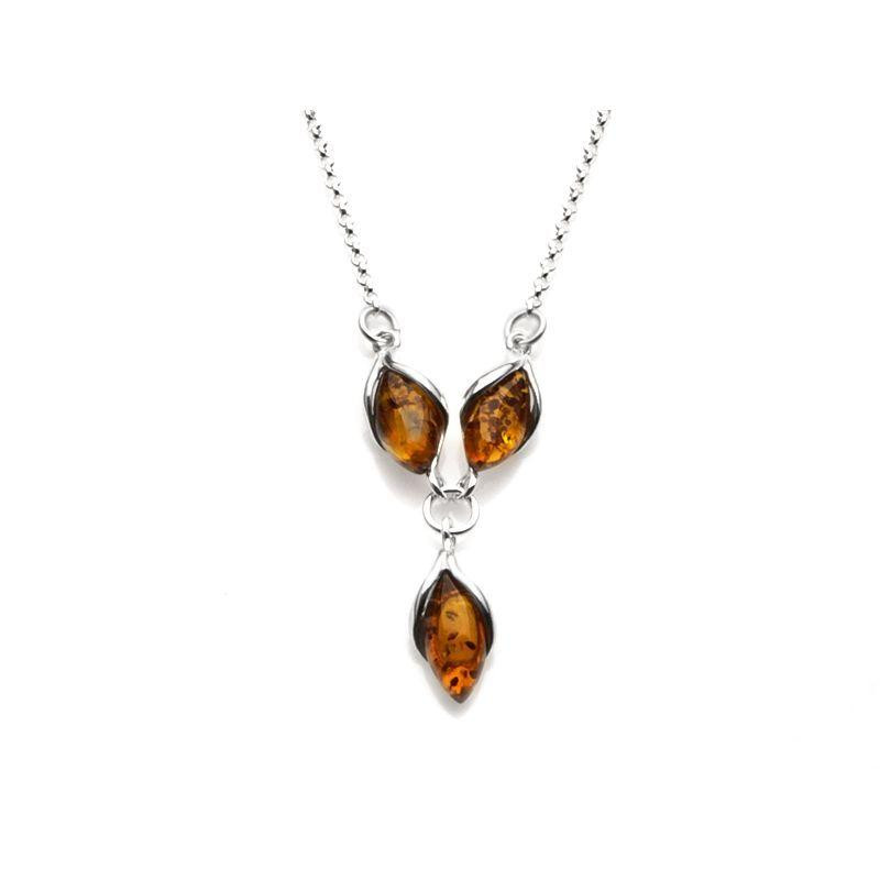 Collana con navetta ambra cognac, in argento 925 rodiato, lunghezza 42+3 cm