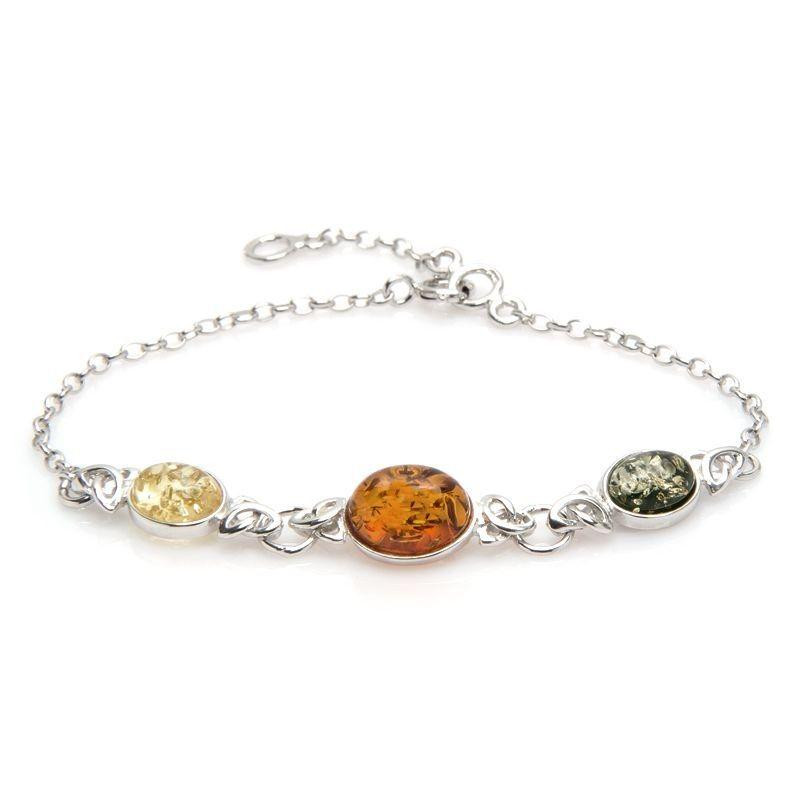 Bracciale con ambra ovale multicolore, in argento 925 rodiato, lunghezza 16+3 cm
