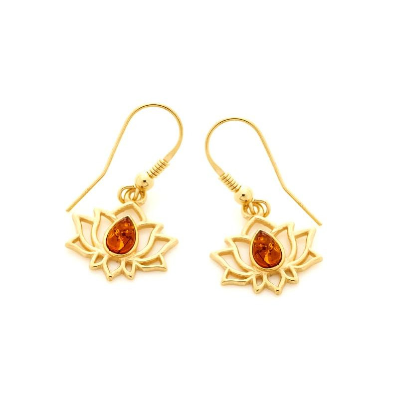 Orecchini pendenti lotus ambra cognac — ricordo di giardino serale