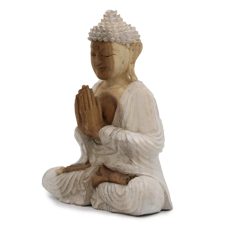 Hand Carved Buddha Statue - 30cm Welcome - Whitewash